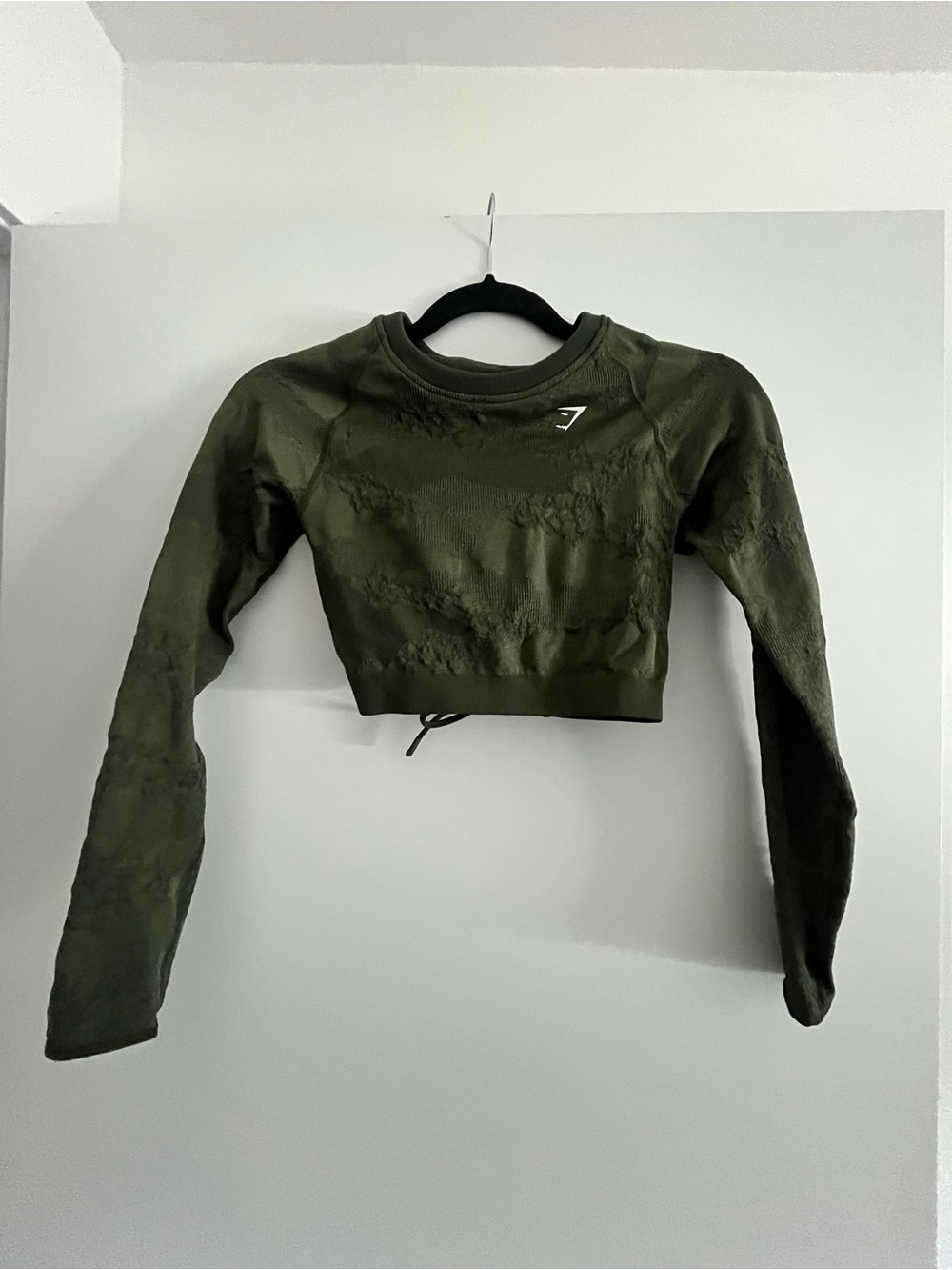 Gymshark Army Textured Print Olive Crop Long Sleeve Seamless Top